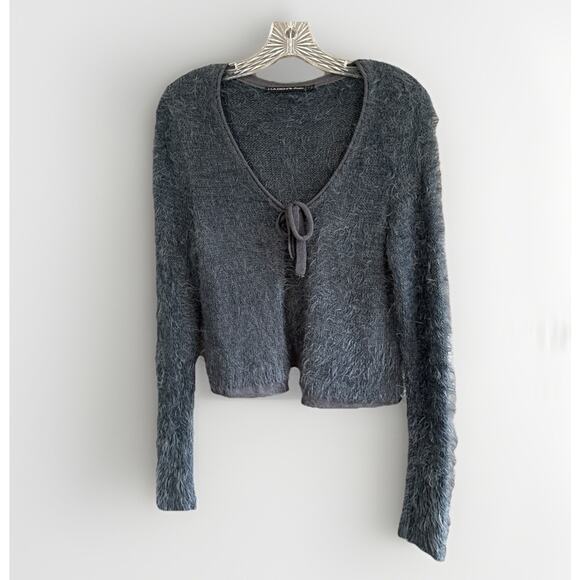 Mado et Les Autres Gray Eyelash Tie Front Cropped Sweater Women’s Size 1 Small - Picture 1 of 11